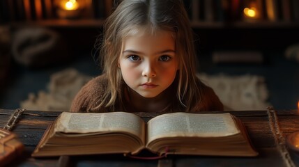 Curious child reading in a cozy candlelit library