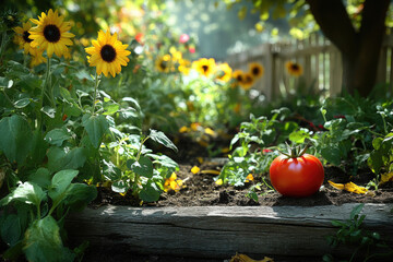 A ripe tomato sits in a garden bed amongst sunflowers and lush green foliage.