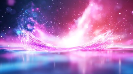 Abstract pink and blue wave with glowing particles, dark background.