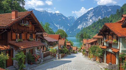 Charming village street with traditional houses, cobblestone road, lake, and majestic mountains in the background on a sunny day.