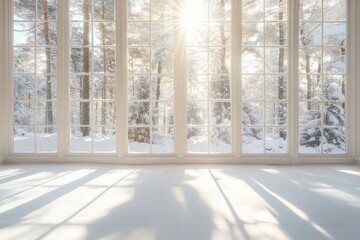 A winter room with large windows, a white floor and ceiling, snow outside the window, and sun rays...