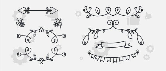 Logo templates with hand drawn silhouettes of flowers and leaves. Elegant delicate vector floral frame for labels, corporate identity, wedding invitation