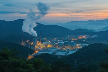 Majestic Dawn Over Industrial Plant with Cooling Towers Releasing Vapor Surrounded by Lush Natural Landscape Under Soft Lighting in an Artistic Raw Style