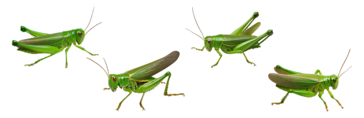 Green grasshoppers collection isolated on a transparent background