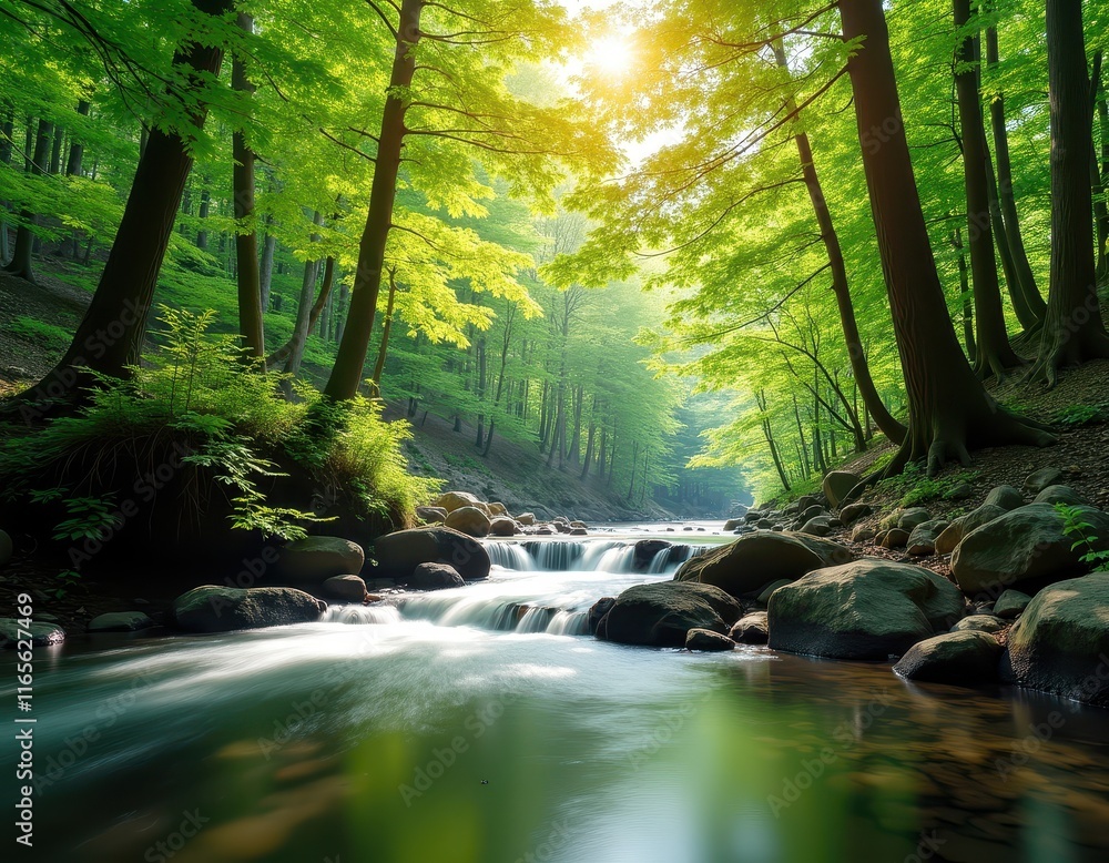 Poster serene forest stream flowing gently over smooth rocks, sunlight filtering through lush green trees c
