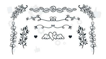 Elegant floral frames with hand drawn silhouettes of branches and leaves. Vector flower wreaths for labels, corporate identity, wedding invitation, save the date, logo