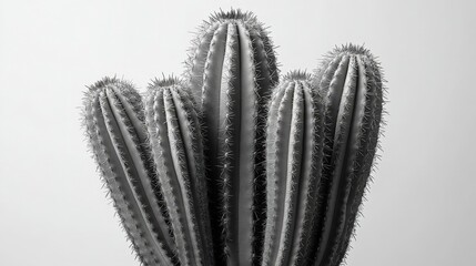 Close-up monochrome view of a cluster of cacti with prominent ribs and spines against a plain background.