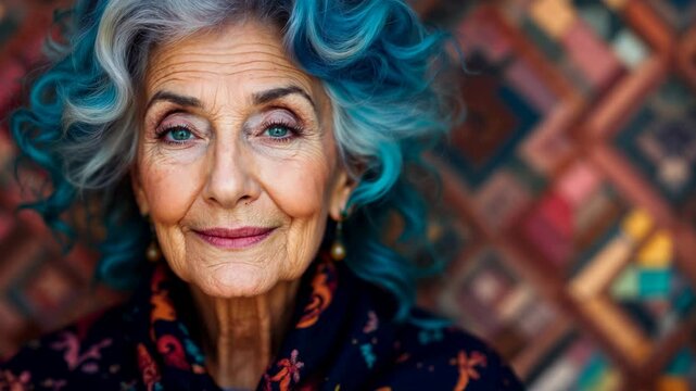 Close-up of an elegant elderly woman with curly gray hair and striking makeup, looking confidently at the camera against a vibrant, abstract background.