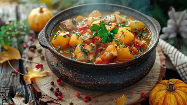 Hot bograch in a cauldron. SelHot bograch in a cauldron. Selective focus. food.ective focus. food.