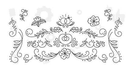Logo templates with hand drawn silhouettes of flowers and leaves. Elegant delicate vector floral frame for labels, corporate identity, wedding invitation