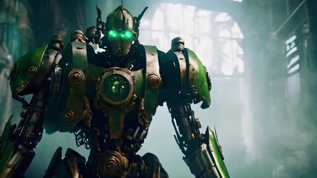 A mechanical entity cursed soul. Clad in steampunk armor, body ghostly green steam, crave revenge humanity painful creation, 4k lofi hip-hop bites landscape music animation video