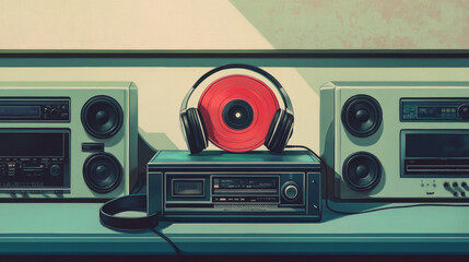 Sound systems retro poster for electronic audio devices and multimedia store or service shop. Vector vintage design of music compact disk or MP3 player and headphones