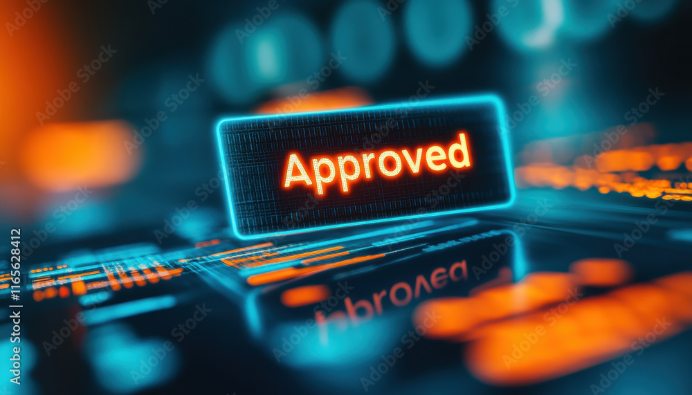 Poster digital screen displaying approved loan application with glowing text, symbolizing success and finan