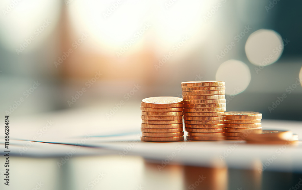 Poster stacks of coins on documents with clean background and perfect light