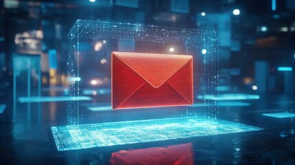 A red envelope emerging from a 3D holographic display at a tech exhibition.