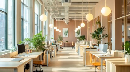 A coworking space with layered desk arrangements, suspended lighting, and soft, muted color palettes.