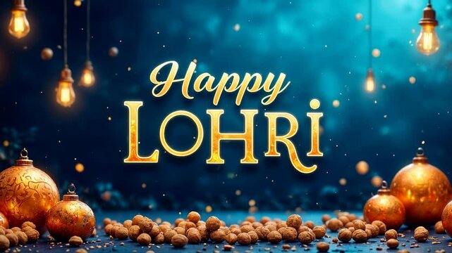 Indian Lohri Festival. Brightly animated greeting card with &ldquo;Happy Lohri&rdquo; caption.  Saturated gradient, dynamic scene. Culture of India