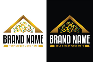 simple modern gold golden green home tree leaf illustrator vector logo design