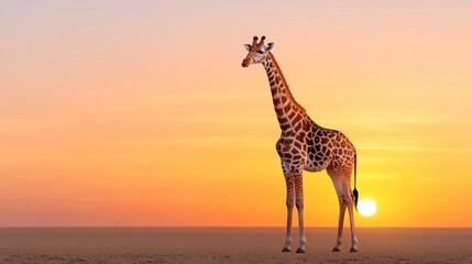 A solitary giraffe stands against a vibrant sunset backdrop.