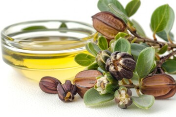  Jojoba flowers and seeds with golden oil in a glass jar surrounded by fresh green leaves for natural skincare.