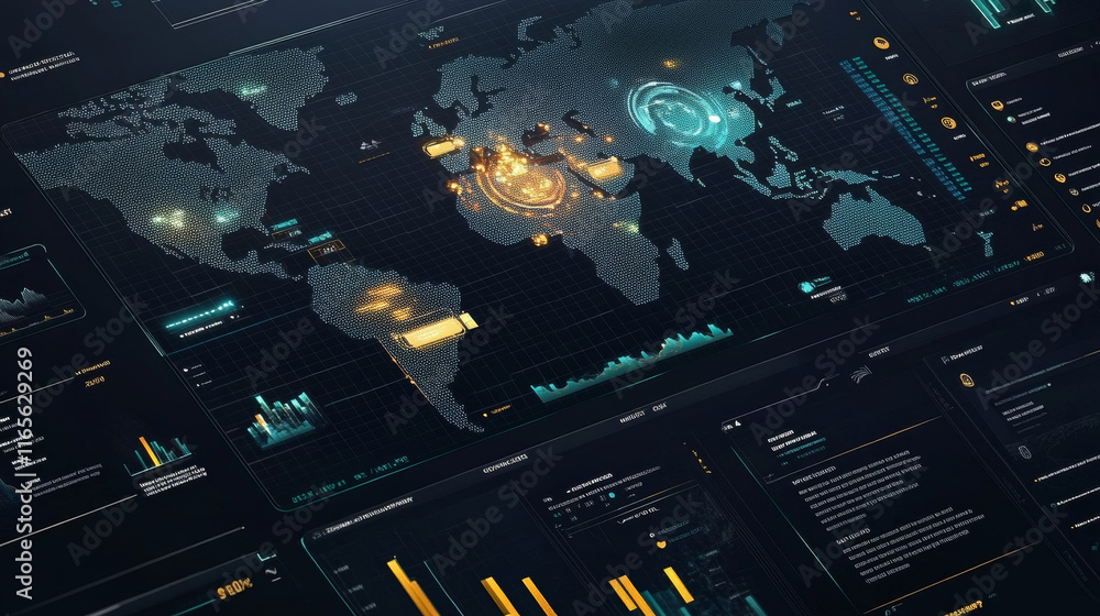 Poster hud hologram interface, earth digital map infographic charts and graphs, futuristic technology. hud 
