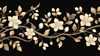 Vintage floral wallpaper seamless pattern with trailing tendrils of little flowers on vertical vines with leaves in beige on black in square format