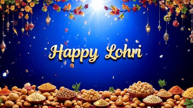 Indian Lohri Festival. Brightly animated greeting card with &ldquo;Happy Lohri&rdquo; caption.  Saturated gradient, dynamic scene. Culture of India