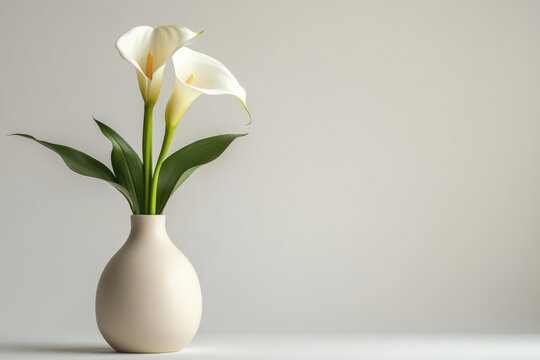 Two elegant white calla lilies in a minimalist beige vase against a muted background.