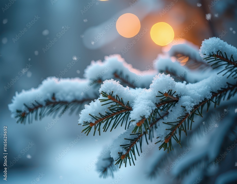 Poster snow-covered pine branch with bokeh lights in the background, creating a serene winter scene. perfec