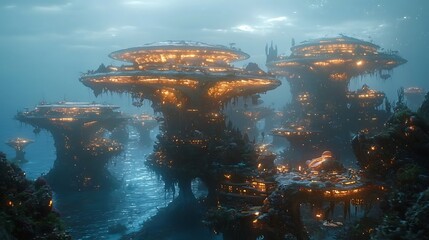 Futuristic underwater city glowing at night.