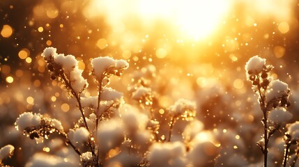 Fototapeta premium Snow Covered Plants Glowing In Golden Sunset Light