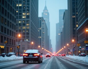 Snowy city street scene at dusk. Cars drive through falling snow past tall buildings and streetlights.