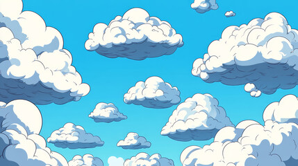 White fluffy clouds on spring blue sky in cartoon style for background or wallpaper design