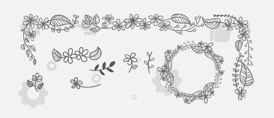 Obraz premium Elegant floral frames with hand drawn silhouettes of branches and leaves. Vector flower wreaths for labels, corporate identity, wedding invitation, save the date, logo