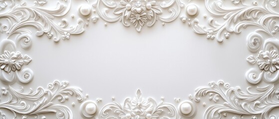  Flat lay top view of a white frame with copy space. Minimalistic vintage floral decorations. Wedding invitation card. Generative AI