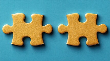 Fototapeta premium Two yellow puzzle pieces on blue background.