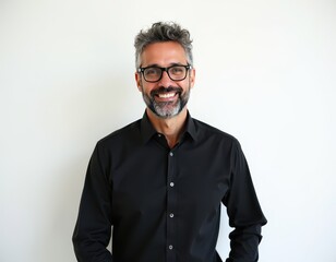 Smiling man in a black shirt against a white background.  He's wearing glasses and has graying hair. A professional headshot.