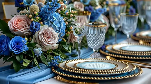 Elegant table setting with blue and gold decor for a spring celebration in a beautiful garden