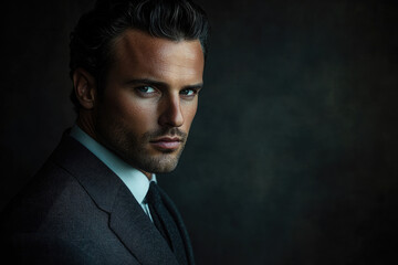 A sophisticated man in a dark suit, intense gaze, and styled hair, exuding confidence and charm.