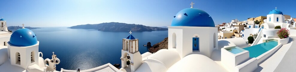 360 degree image, Santorini&rsquo;s Blue Domes. HDRI spherical panorama.