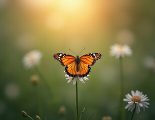 Obraz premium A vibrant butterfly delicately perched on a daisy, bathed in warm sunlight. A serene moment in nature's embrace.