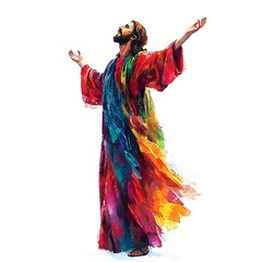 Fototapeta premium Colorful Artistic Depiction of Jesus Christ with Arms Outstretched in Prayer.