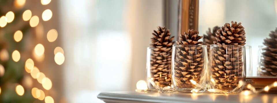Elegant Christmas decor with pine cones and fairy lights in glass vases by a mirror