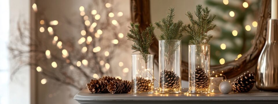 Elegant Christmas decor featuring glass vases, pine cones, and fairy lights