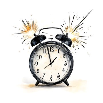 Watercolor painting of a vintage alarm clock exploding with sparks, symbolizing the start of a new day or a fresh beginning.