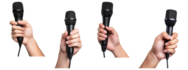 Microphones in hand collection isolated on transparent background 