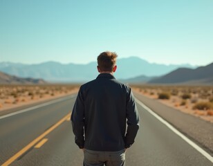 Man walking down a long, open road with mountains in the distance. A sense of journey and exploration.