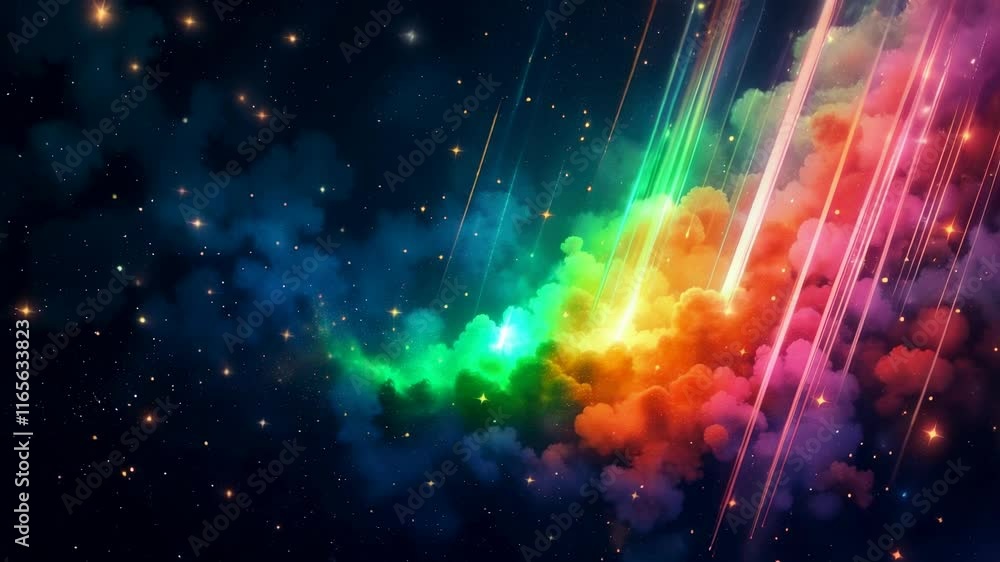 Poster cosmic nebula and rays. multicolored space clouds. distant camera. movement from.