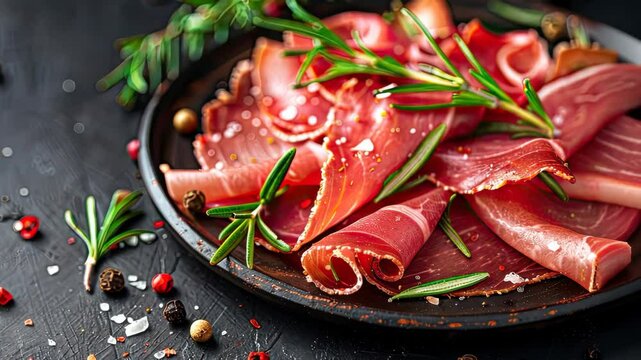 sliced jamon on a dark background. Selective focus. food.