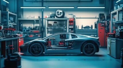 Sleek Sports Car in Workshop Showcasing Internal Components